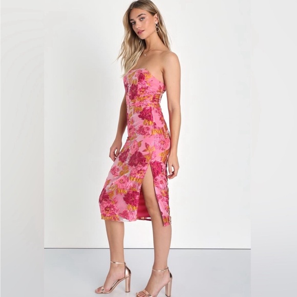Lulus Upgraded Event Pink Floral Midi Dress - Picture 1 of 9